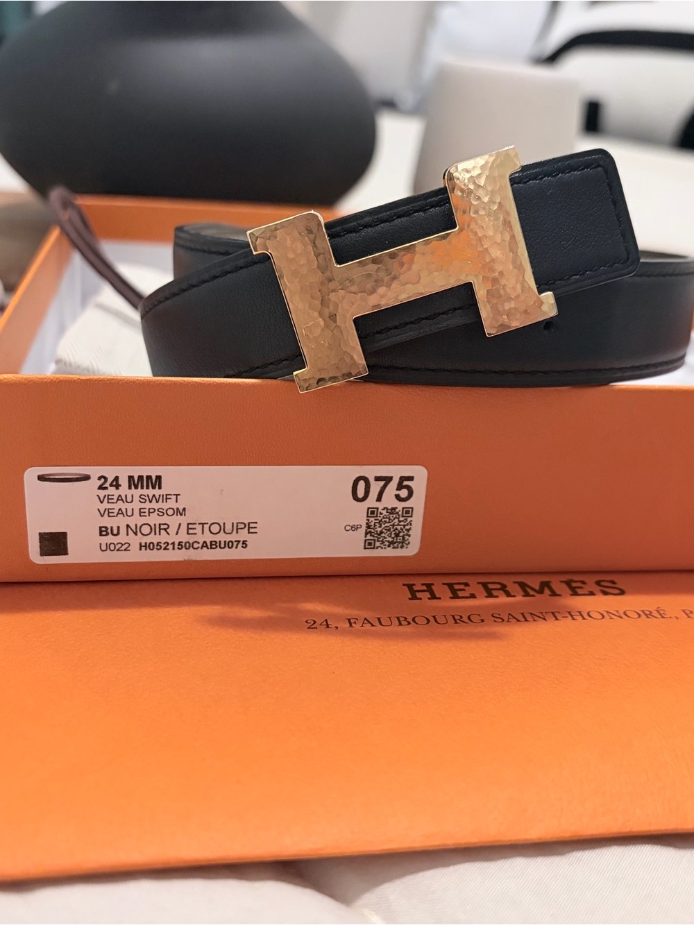 Hermes Black/Etope 24mm Leather Belt with Rosegold Constance Martlelee H Buckle - Picture 3 of 6